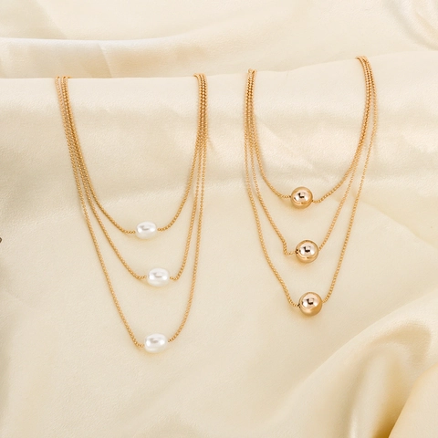 French Elegant Multi-layer Gold Snake Chain Necklace For Women Artificial Pearl Pendant Triple Layered Choker Jewelry Gift