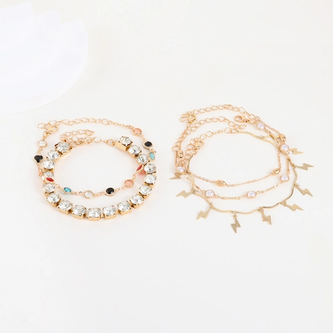 Tobillera Dorada de Capas Múltiples Bohemia para Mujer Con Diamantes de Imitación Perlas Artificiales Colgante de Rayo Joyas Vintage