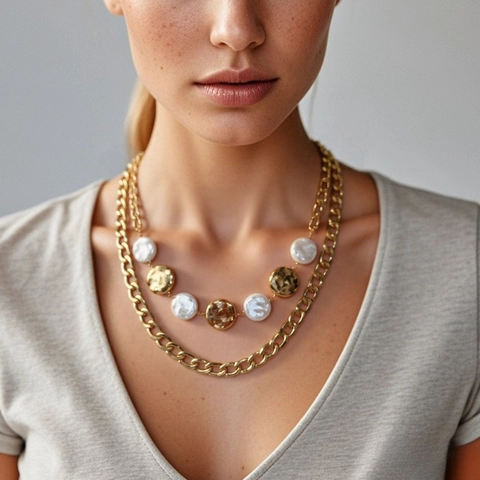 Double Layered Chunky Alloy Chain Necklace For Women Personalized Hammered Round Disc Artificial Pearl Pendant Fashion Jewelry