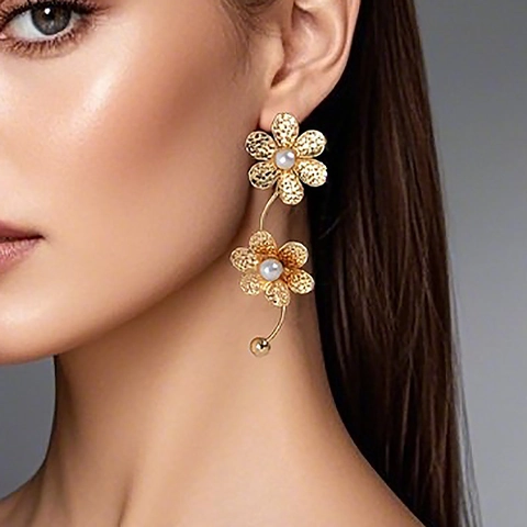 Übertriebene Goldene Blumen Ohrstecker Für Damen Vintage Hohle Metall Florale Ohrhänger Mit Künstlicher Perle Edelstahl Stift Schmuck