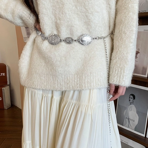 Cintura a Catena in Metallo Intagliato Bohemian Vintage per Donna Catena da Vita Regolabile in Lega Con Pendente Floreale