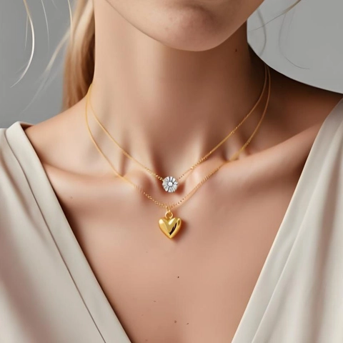 Double Layered Gold Plated Pendant Necklace for Women Zinc Alloy Zirconia Heart Cross Star Lock Key Minimalist Neck Jewelry