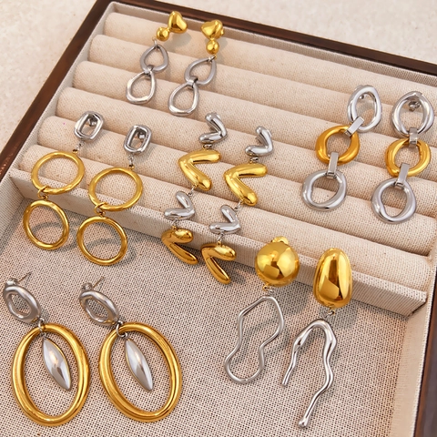 Vintage Stainless Steel Two Tone Heart Geometric Dangle Earrings For Women Fashion Gold Silver Plated Long Drop Jewelry Gift