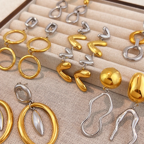 Vintage Stainless Steel Two Tone Heart Geometric Dangle Earrings For Women Fashion Gold Silver Plated Long Drop Jewelry Gift