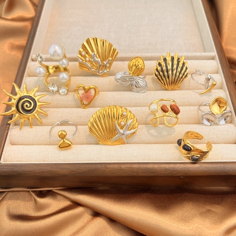 Anello Vintage in Acciaio Inossidabile da Donna Moda Europea Conchiglia Stella Marina Sole Perla Artificiale Strass Anello Regolabile