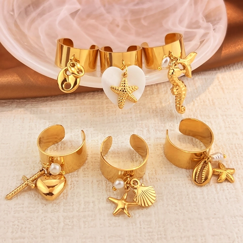 Anello Aperto in Acciaio Inossidabile Tema Oceano per Donna Oro Stella Marina Cavalluccio Marino Ciondolo Conchiglia Gioielli Perle Artificiali
