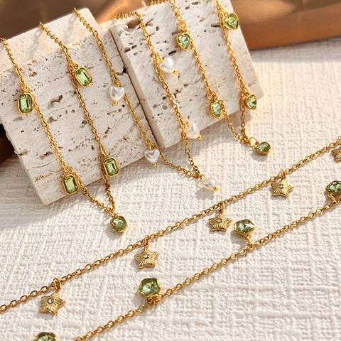 Collana con Ciondolo in Strass Smeraldo in Acciaio Inossidabile 304 Vintage Stella Cuore Perla Artificiale Oro Girocollo Donna