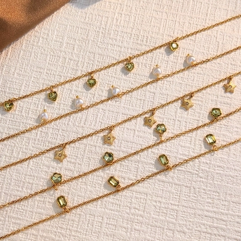 Collana con Ciondolo in Strass Smeraldo in Acciaio Inossidabile 304 Vintage Stella Cuore Perla Artificiale Oro Girocollo Donna