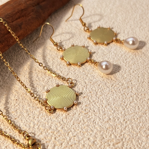 Collana E Orecchini Con Ciondolo a Spirale in Perla Artificiale in Acciaio Inossidabile Vintage Placcati in Oro Donna