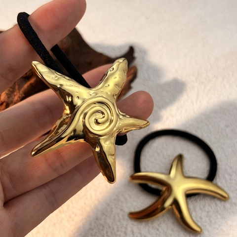 Coletero Minimalista de Acero Inoxidable con Forma de Estrella de Mar para Mujer Dorado Estilo Oceánico Metal Banda Elástica para el Cabello Accesorios de Moda