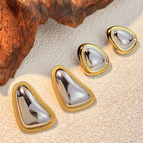 Vintage Zweifarbige Edelstahl Geometrische Ohrstecker Gold Silber Polierter Metallischer Schmuck Für Damen Hochglanz Finish