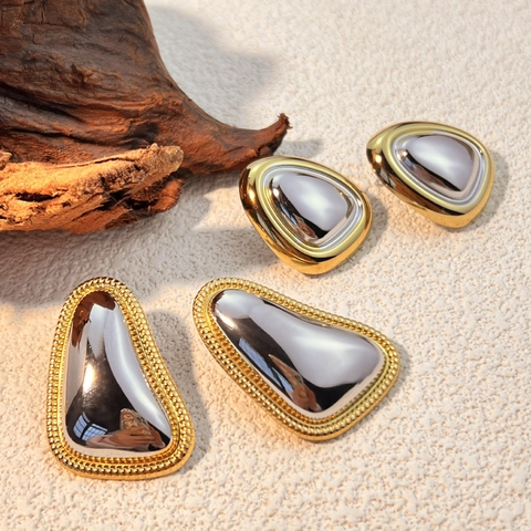 Vintage Zweifarbige Edelstahl Geometrische Ohrstecker Gold Silber Polierter Metallischer Schmuck Für Damen Hochglanz Finish