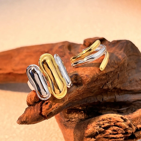 Minimalistischer Edelstahl Offener Ring Für Damen Mischgold Silber Plattiert Flüssige Organisch Geformte High Polish Mode Schmuck