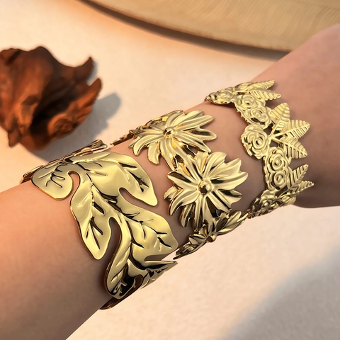 Vintage 18K Gold Plated Stainless Steel Bangle Bracelet For Women Open Cuff Hollow Flower Rose Leaf Botanical Jewelry