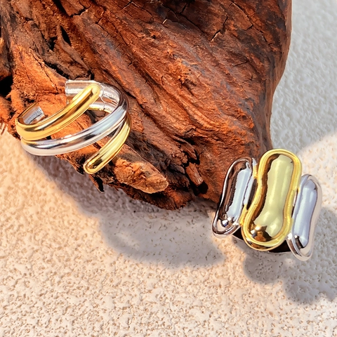 Minimalistischer Edelstahl Offener Ring Für Damen Mischgold Silber Plattiert Flüssige Organisch Geformte High Polish Mode Schmuck