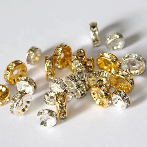 Copper Rhinestone Rondelle Spacer Beads For DIY Bracelet Necklace Jewelry Making Gold Silver Inlaid Beads Jewelry Finding