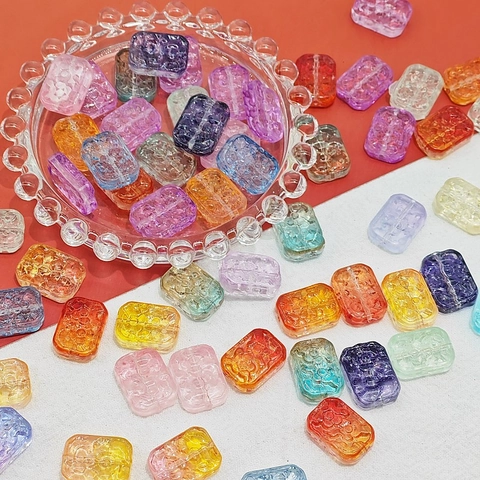 Rectangle Flower Relief Colored Glaze Beads For Jewelry Making DIY Handcrafted Necklace Bracelet Accessories Decorative Glass Beads