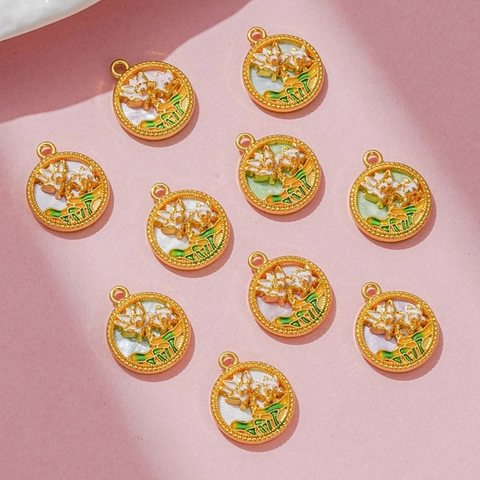 Vintage Chinese Style Alloy Lotus Flower Charms Enamel Round Fu Character Pendants For DIY Jewelry Making Accessory Necklace