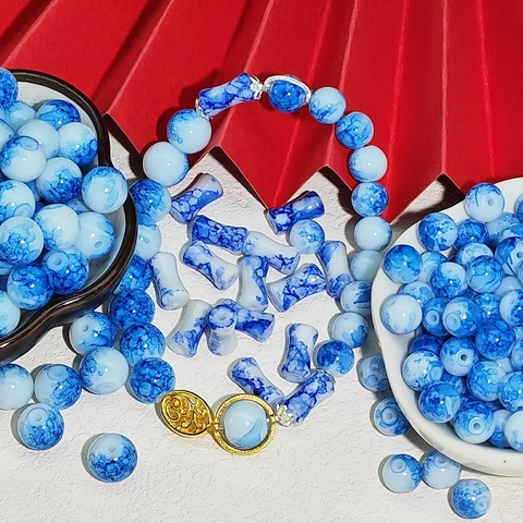 New Chinese Style Blue and White Porcelain Pattern Glass Beads DIY Jewelry Making Accessory Bamboo Joint Round Loose Beads