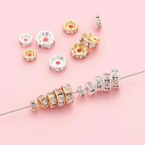 Copper Rondelle Spacer Beads With Rhinestone Inlaid Gold Silver Plated Round Loose Beads For DIY Jewelry Making Bracelet Necklace Accessories
