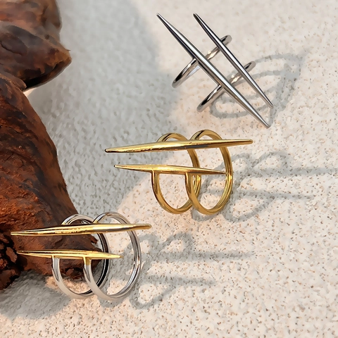 Anillo Geométrico con Púas de Acero Inoxidable Punk Minimalista de Doble Fila Cruz Joyería de Moda para Hombres Mujeres