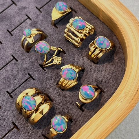 Anello Aperto in Acciaio Inossidabile Vintage Francese Donna Uomo Placcato Oro Pietra Naturale Regolabile Multistrato Gioielli Geometrici Regalo
