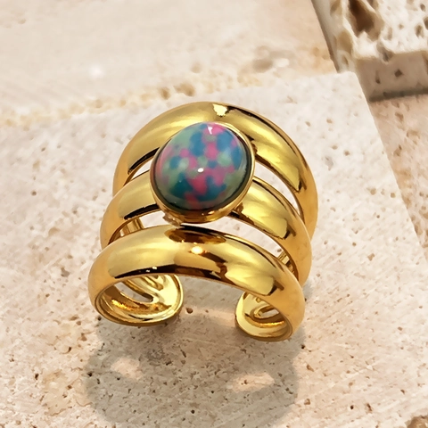 Anello Aperto in Acciaio Inossidabile Vintage Francese Donna Uomo Placcato Oro Pietra Naturale Regolabile Multistrato Gioielli Geometrici Regalo