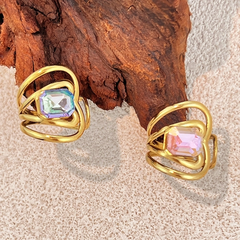 Anello Aperto con Strass Iridescenti alla Moda per Donna Placcato in Oro 18K Acciaio Inossidabile Regolabile Geometrico