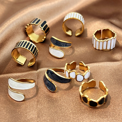 Anello Aperto Vintage in Acciaio Inossidabile per Donna Placcato Oro 18K Smalto Geometrico Anello Regolabile Gioielli Moda
