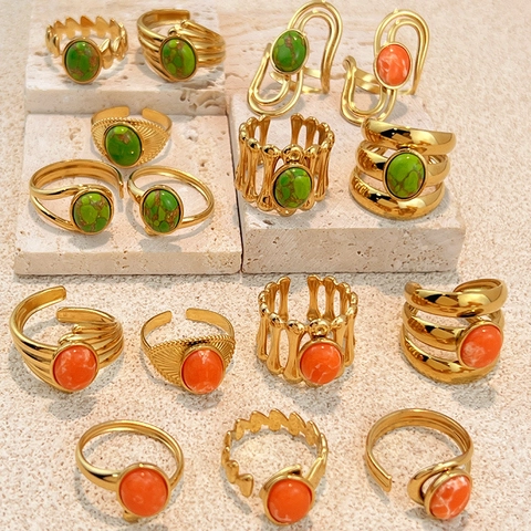 Anelli Aperti in Acciaio Inossidabile Vintage per Donna Intarsio in Pietra Naturale Placcato Oro 18K Anello Regolabile Boemo Geometrico Gioielli Regalo