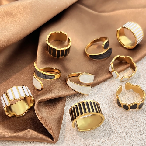 Anello Aperto Vintage in Acciaio Inossidabile per Donna Placcato Oro 18K Smalto Geometrico Anello Regolabile Gioielli Moda