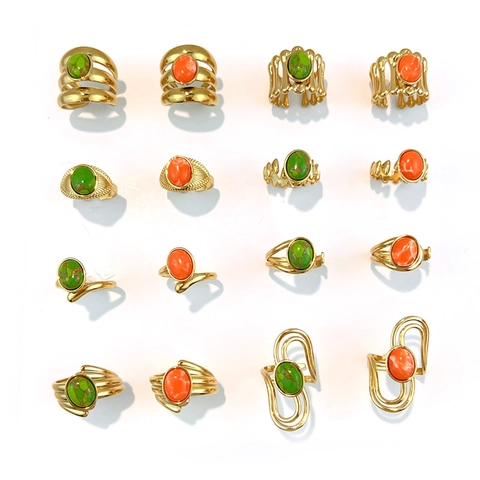 Anelli Aperti in Acciaio Inossidabile Vintage per Donna Intarsio in Pietra Naturale Placcato Oro 18K Anello Regolabile Boemo Geometrico Gioielli Regalo