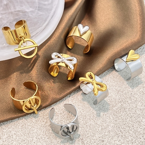 Anello Aperto in Acciaio Inossidabile per Donna Placcato Oro 18K Cuore Fiocco Chiusura a Scomparsa Regolabile Bicolore Gioielli Anello