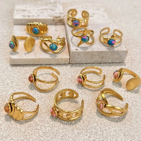 Anello Aperto Vintage in Acciaio Inossidabile Placcato Oro 18K per Donna Pietra Preziosa Artificiale Cuore Stella Marina Conchiglia Anelli Regolabili Bohemienne Gioielli