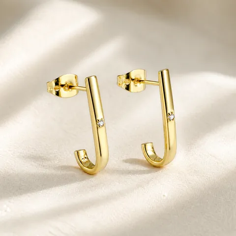 Minimalist Geometric J-Shaped Hook Stud Earrings With 925 Sterling Silver Earring Post Gold Brass Zirconia Jewelry For Women