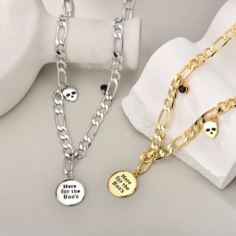 Halloween Schedel Hanger Ketting Messing Verguld Figaro Ketting Here For The Boo's Punk Hip Hop Vrouwen Sieraden