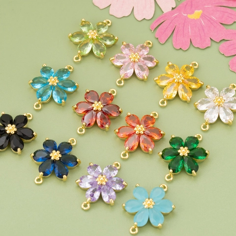 Copper Flower Connector Charms With Rhinestone Six-Petal Flower Pendants For DIY Earrings Bracelet Jewelry Making Women Accessories