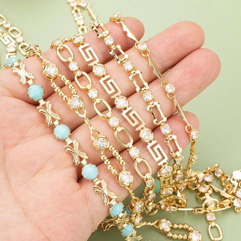 DIY Copper Jewelry Chain Material Gold Silver Plated Exaggerated Greek Key Meander Pattern Rhinestone Inlaid Chain For Necklace Bracelet Making