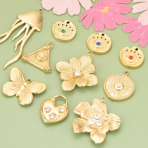 Stainless Steel Vintage DIY Charms Evil Eye Heart Butterfly Moon Sun Pendants Gold Silver Rhinestone For Jewelry Making