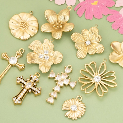 Vintage Edelstahl Blume Kreuz Anhänger Strass DIY Schmuck Zubehör Punk Stil Floral Galvanisierte Charm Für Halskette Ohrring Herstellung