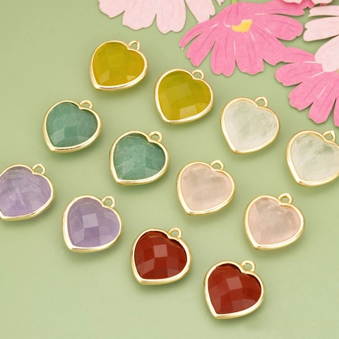 Pendentif Facetté en Forme de Cœur en Pierre Naturelle Cuivre Électroplaqué Accessoires de Bijoux DIY pour Collier Boucle d'Oreille Femme