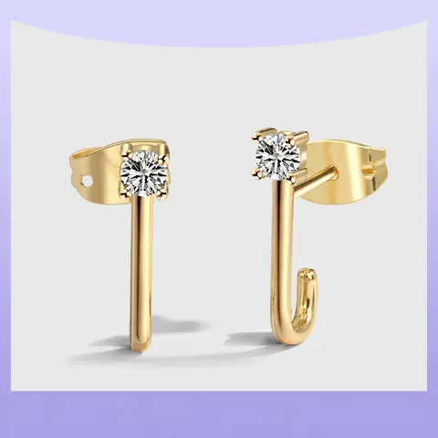 Elegant J-Shaped Stud Earrings With Clear Zirconia Minimalist Gold Plated Copper Earrings With 925 Sterling Silver Earring Post For Women Jewelry