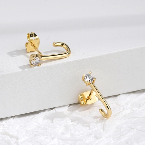 Elegant J-Shaped Stud Earrings With Clear Zirconia Minimalist Gold Plated Copper Earrings With 925 Sterling Silver Earring Post For Women Jewelry