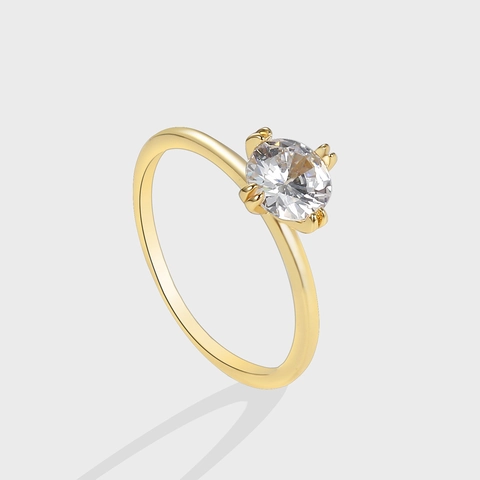 Elegante Anillo de Cobre Chapado en Oro Con Strass para Mujer Moda Corona de Cuatro Garras Anillo de Dedo de Boda Joyería