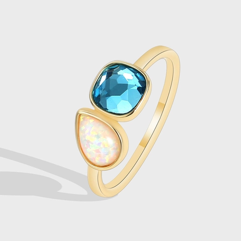 Anillo Toi Et Moi de Cobre Chapado en Oro Moda Occidental Con Strass Azul Cuadrado y Ópalo Artificial Lágrima Joyería Mujer