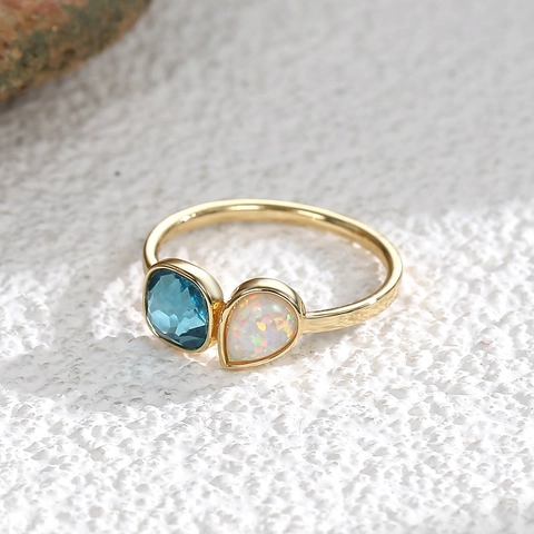 Anillo Toi Et Moi de Cobre Chapado en Oro Moda Occidental Con Strass Azul Cuadrado y Ópalo Artificial Lágrima Joyería Mujer