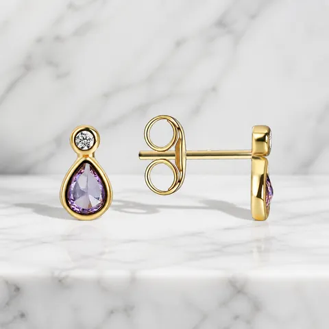 Boucles d'Oreilles Clous en Zirconia Violet Larme Avec Tige en Argent Sterling 925 Cuivre Plaqué Or Bijoux de Mode Femme