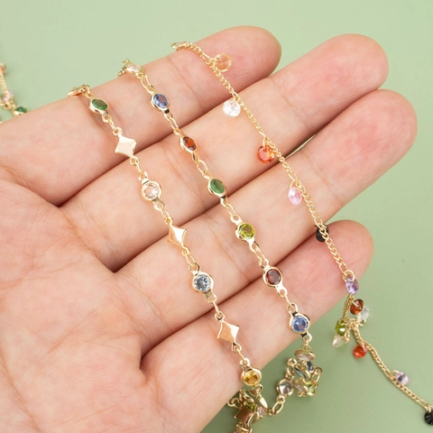 DIY Fabricación De Joyas Cadena De Cobre Con Rhinestone De Colores Múltiples Formas Redondo Cuadrado Gota Cadena Dorada