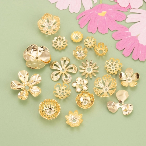 18k Gold Plated Copper Flower Bead Caps Hollow Floral Pattern Spacer Beads For DIY Jewelry Making Earring Components
