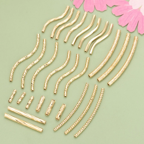 18K Gold Plated Copper Tubular Beads For DIY Jewelry Making Straight Curved S Shape Mesh Wave Thread Texture Metal Tube Findings